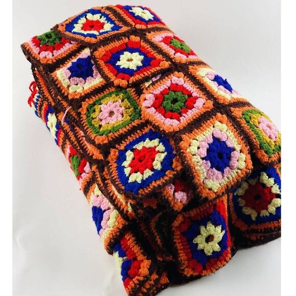 Vintge Handmade Granny Square Afghan Crochet Coverlet Blanket Orange Brown 90x70 - Picture 5 of 9